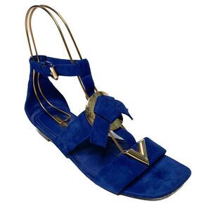Louis Vuitton LV Logo Gladiator Ankle Strap Flat Sandals Blue Suede EU 38 US 8